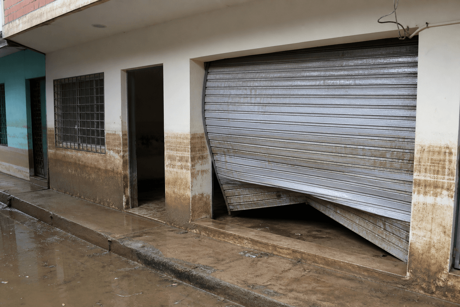 Local barrial con señales de inundación